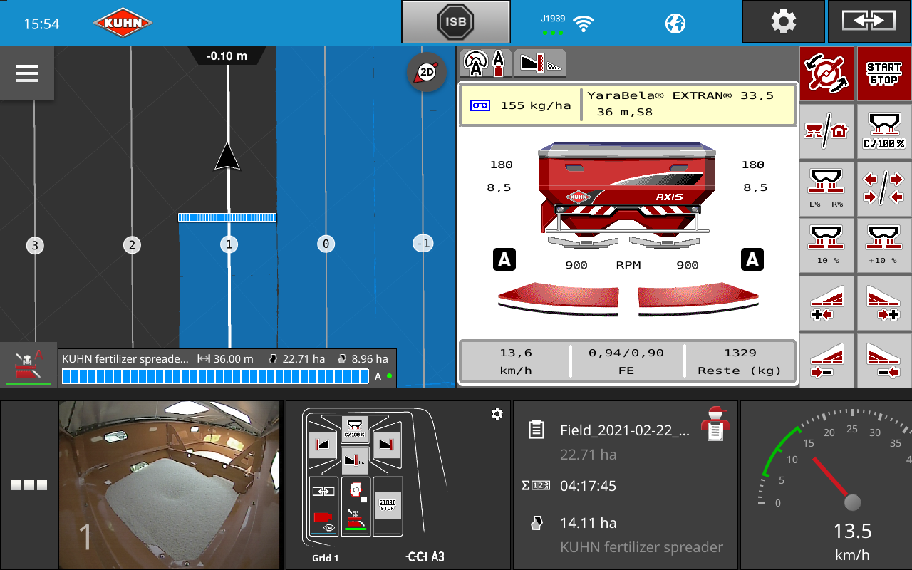 Screenshot del terminale ISOBUS nella versione CCI 1200 con l'opzione di guida parallela